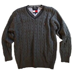 Tommy Hilfiger V-Neck Varsity Tennis Sweater Mens Size M VTG Cotton Cable Knit